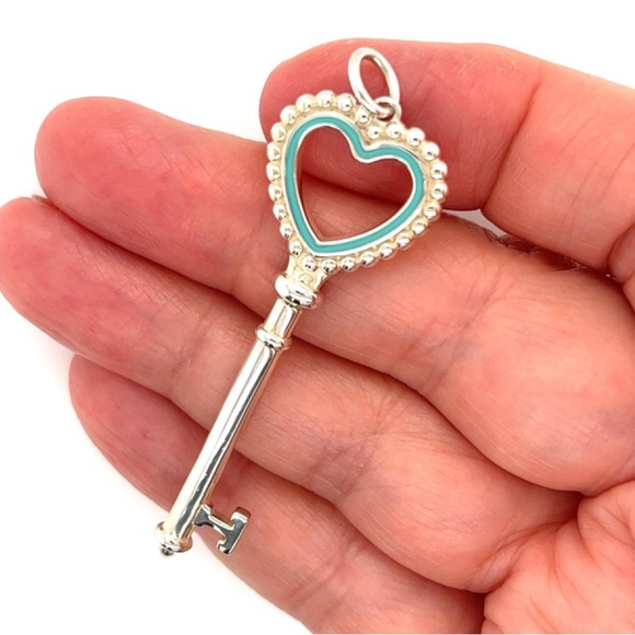 Vintage Tiffany Beaded Sterling & Enamel Key Pendant on chain - Picture 6 of 14
